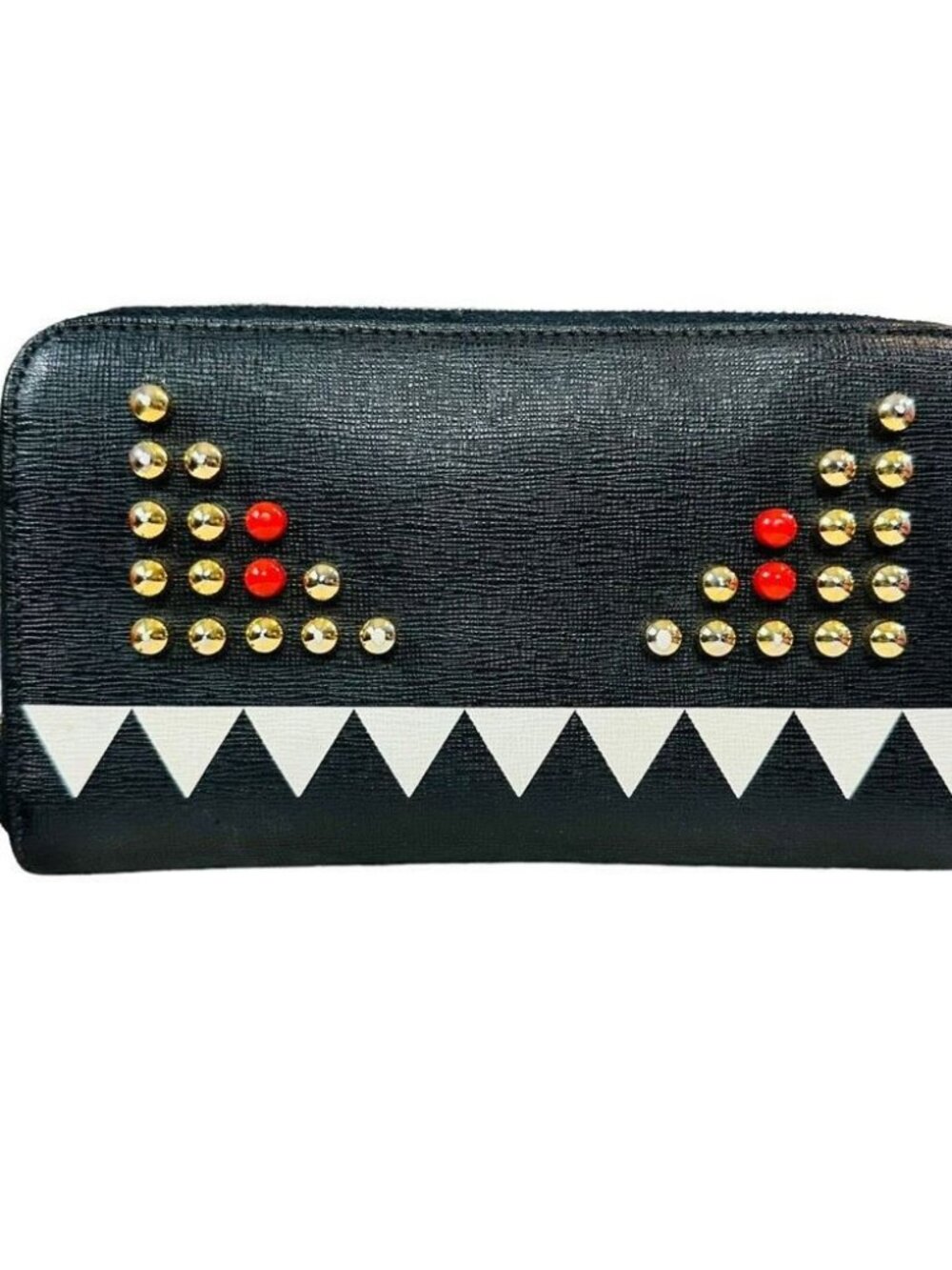 Fendi Black Monster Leather Gold Studded Zip Around Wallet